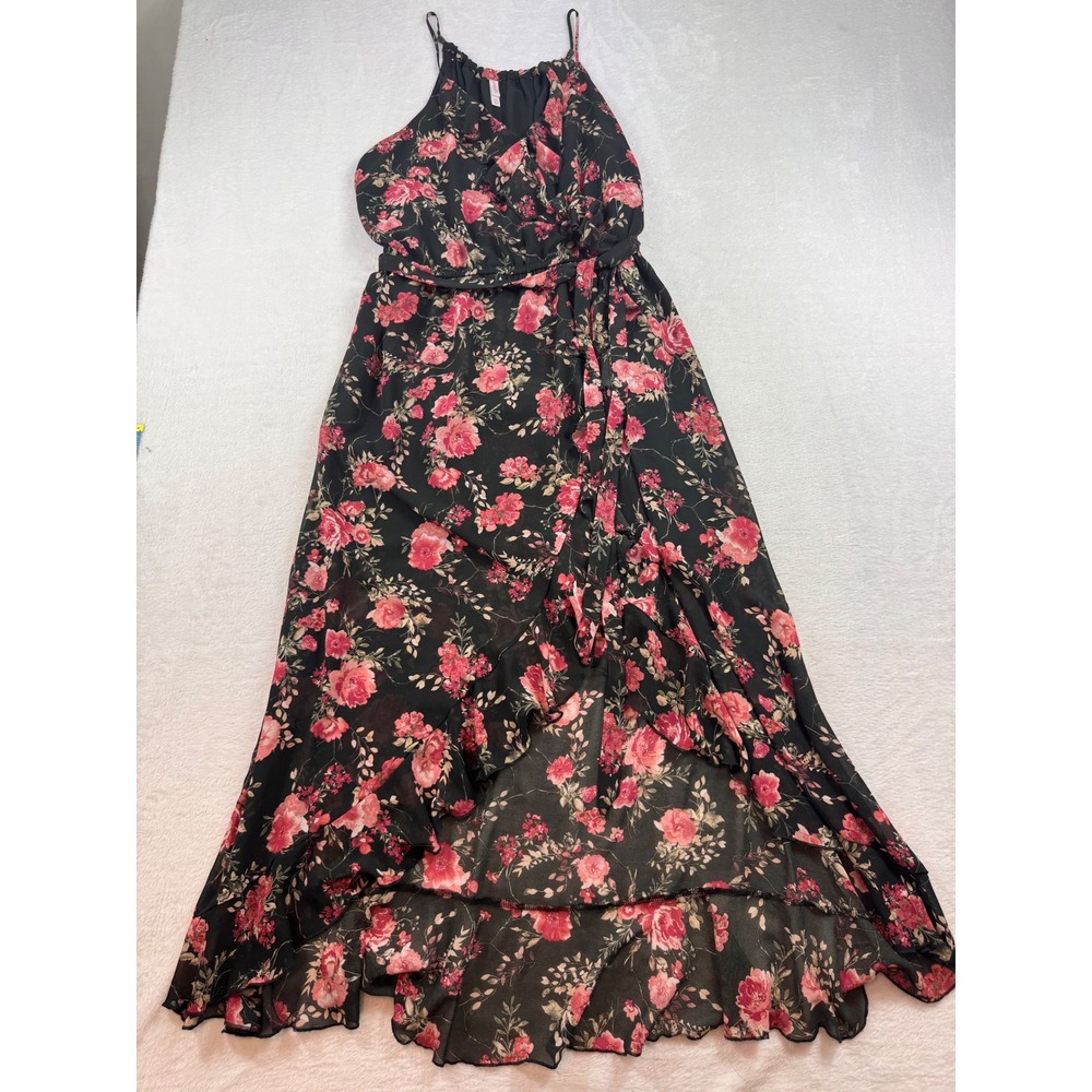Xhilaration Black Pink Floral High Low Ruffle Maxi Dress XXL Adjustable Straps